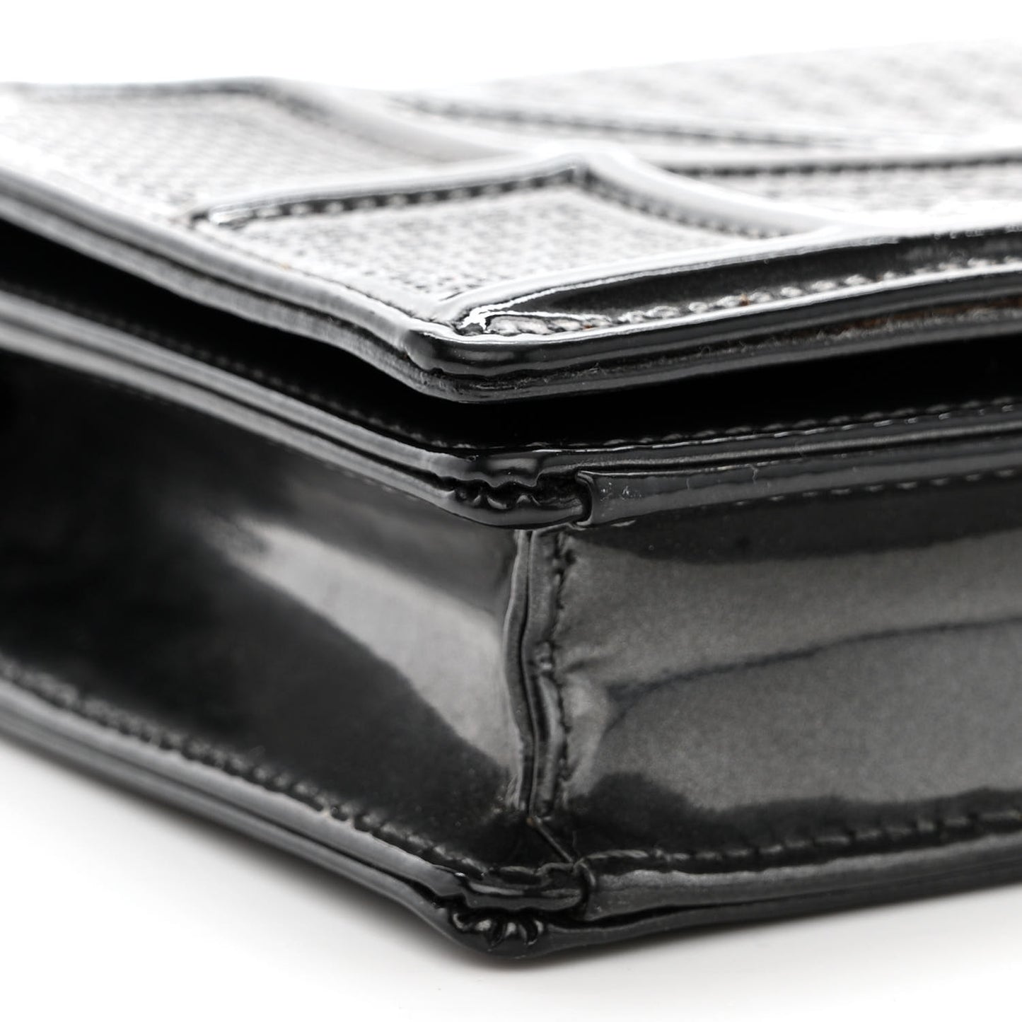 Metallic Patent Micro-Cannage Diorama Wallet on Chain Pouch Onyx Black
