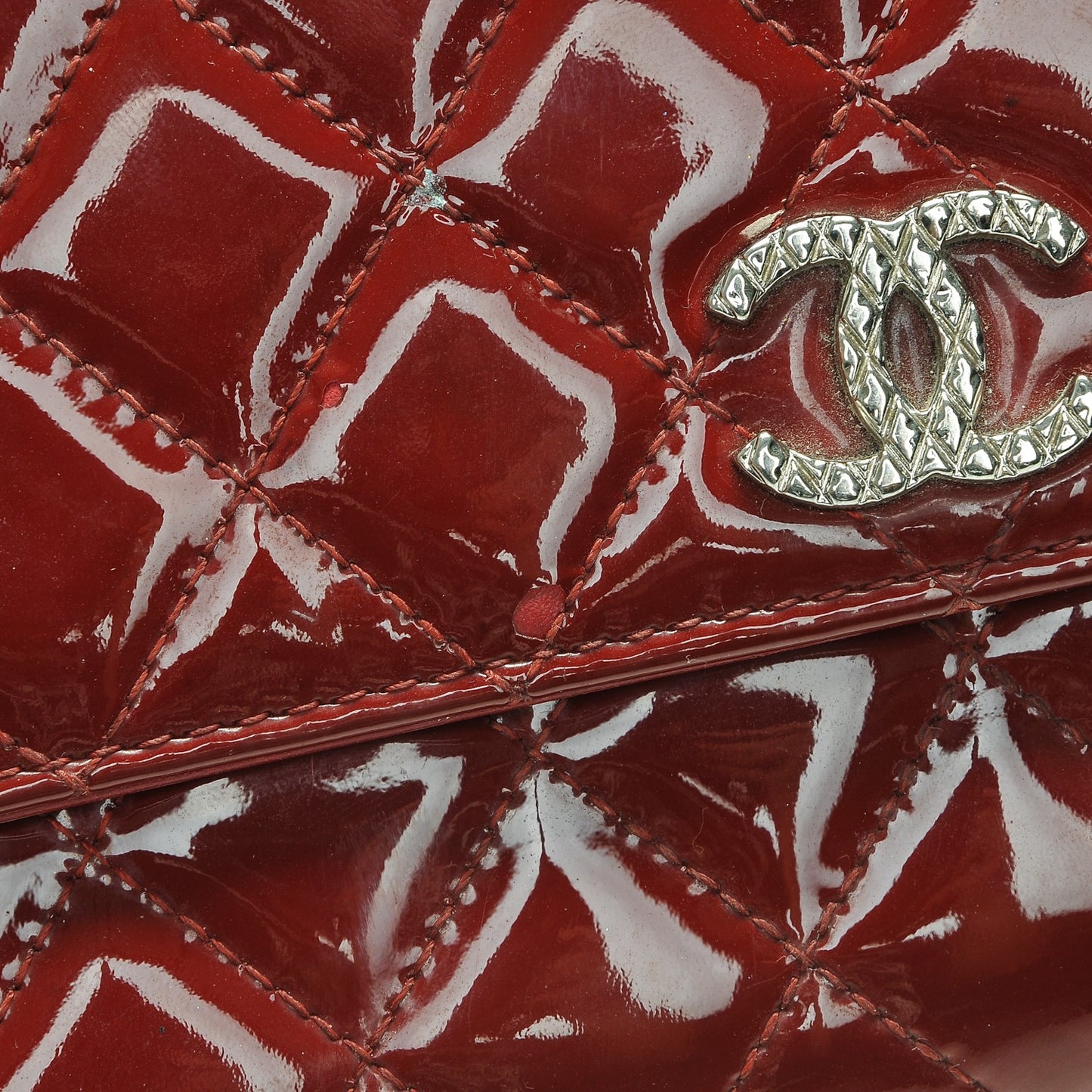 Patent Calfskin Quilted Large Brilliant Flap Wallet Dark Red
