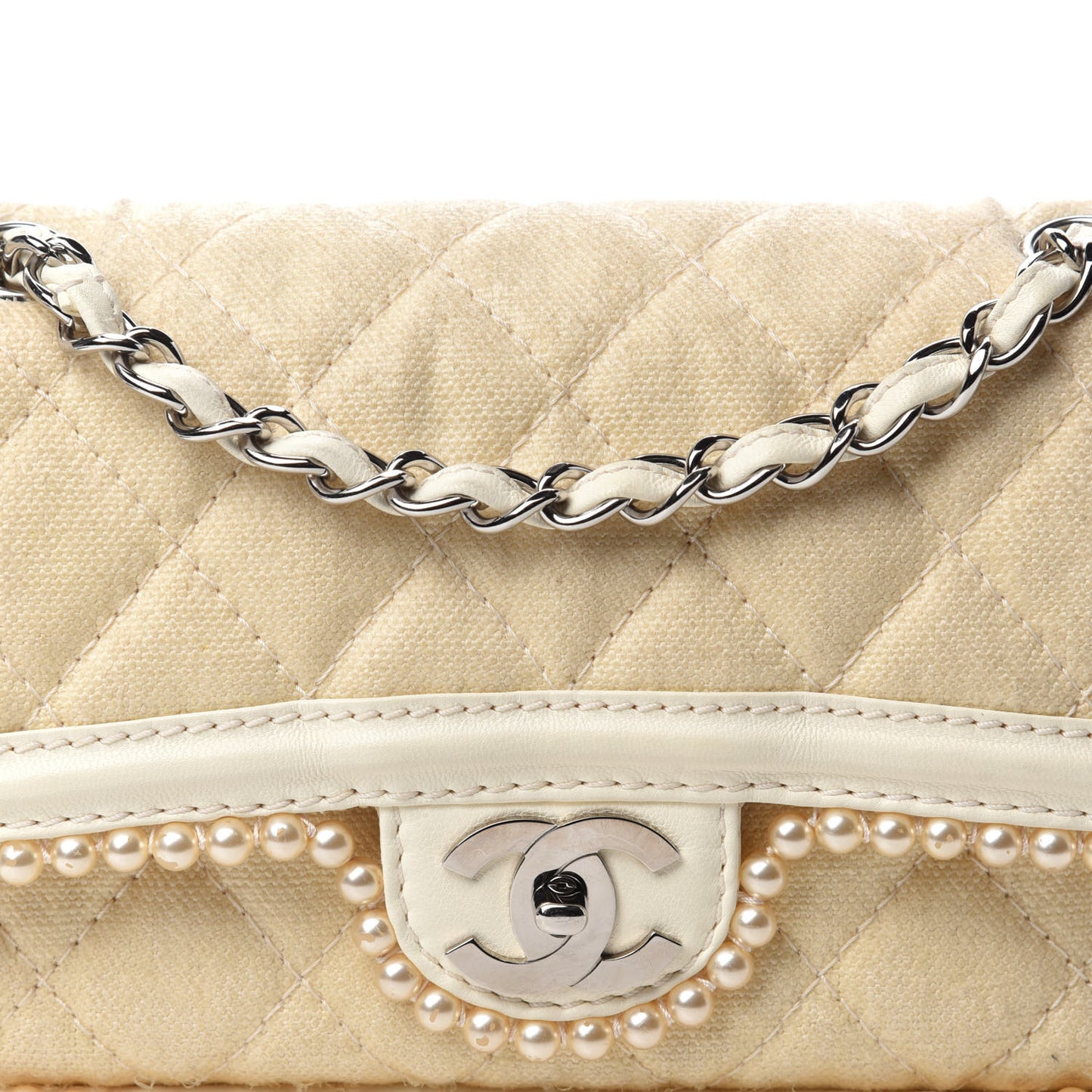 Canvas Quilted Pearl Trim Medium Flap Beige
