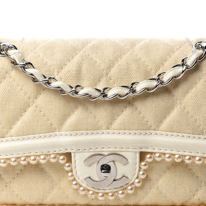 Chanel Canvas Quilted Pearl Trim Medium Flap Beige 16 of 16