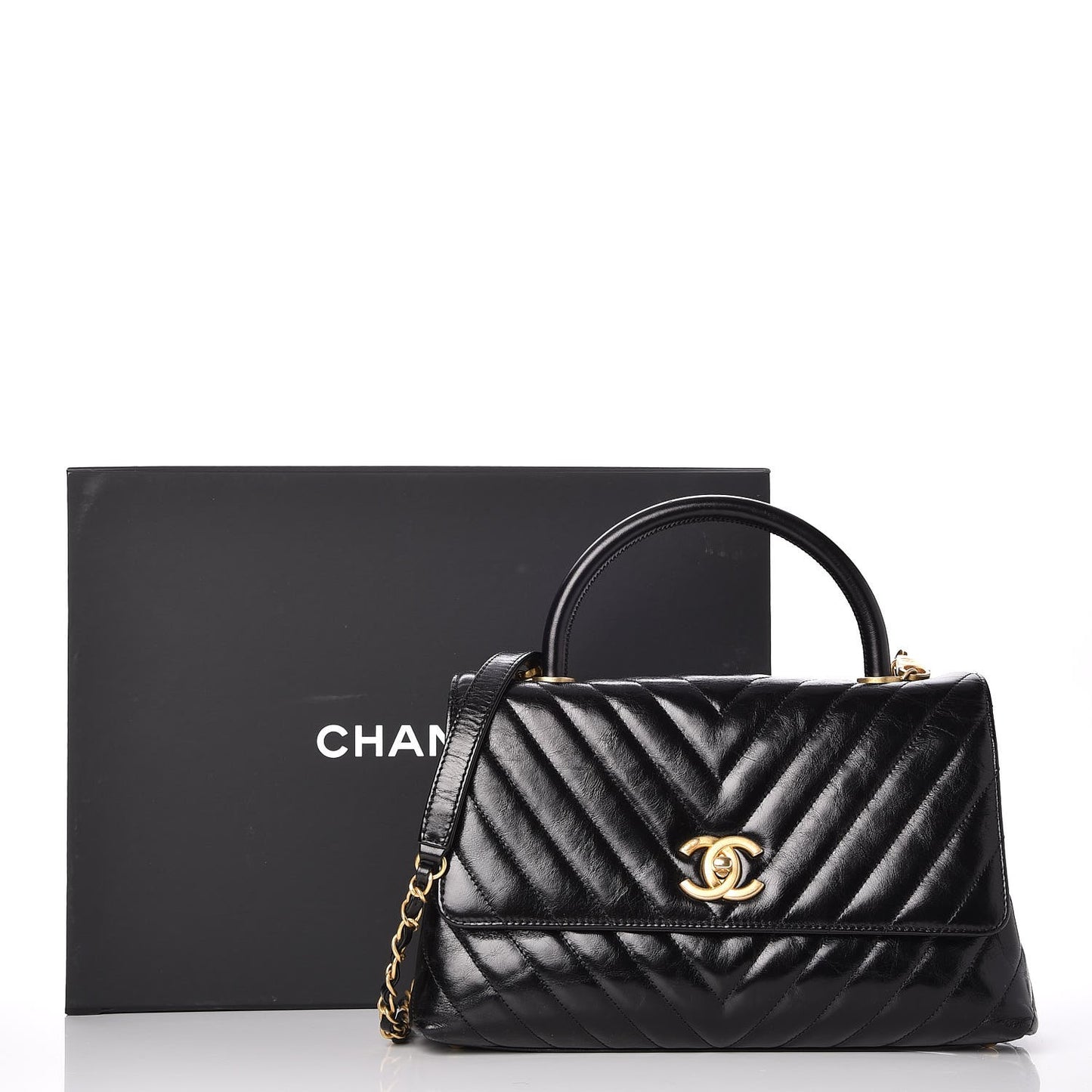 Calfskin Chevron Quilted Small Coco Handle Flap Black