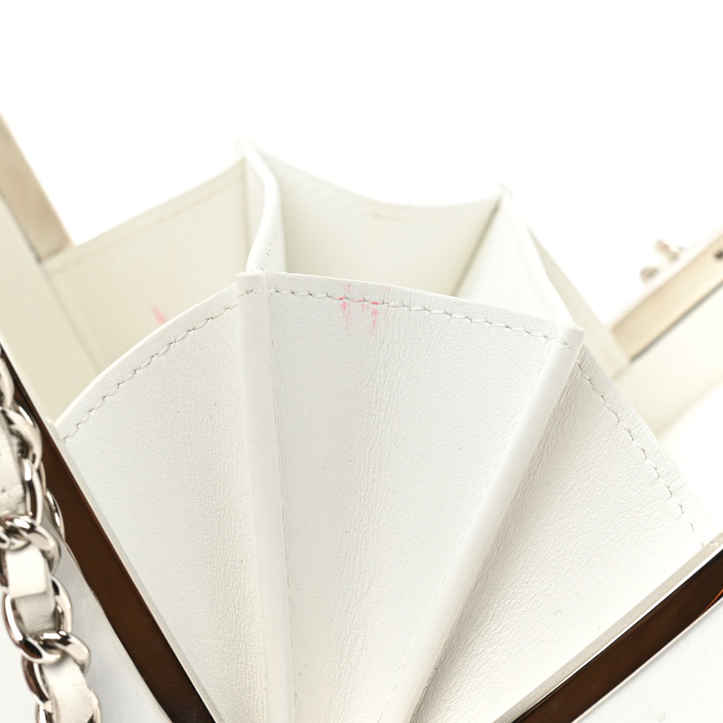 Patent Goatskin Quilted Make-Up Box Clutch With Chain White