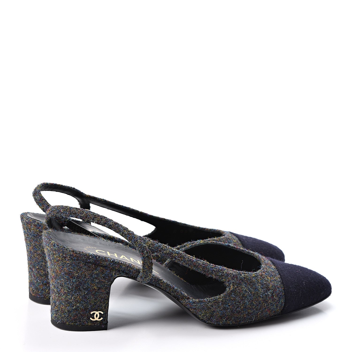 Chanel Wool Cap Toe CC Slingback Pumps 39.5 Black Dark Grey 4 of 10