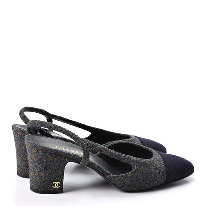Chanel Wool Cap Toe CC Slingback Pumps 39.5 Black Dark Grey 4 of 10