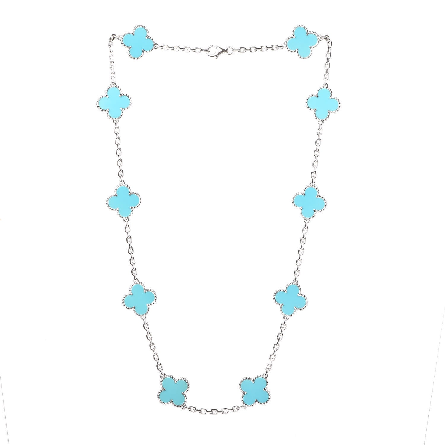 Van Cleef & Arpels 18K White Gold Turquoise 10 Motifs Vintage Alhambra Necklace 3 of 6