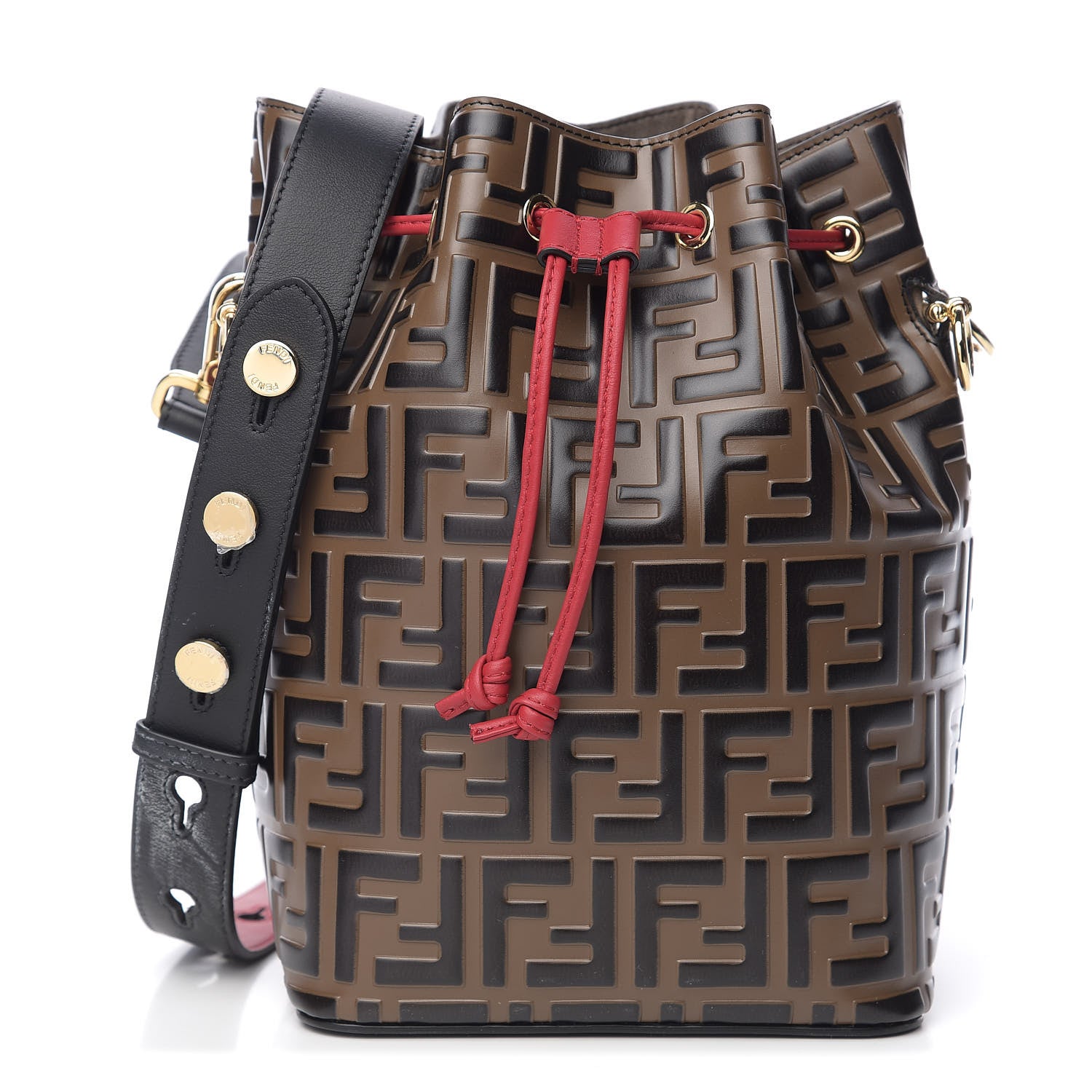 Fendi Vitello Grace F is Fendi Bi-Color FF 1974 Embossed Grande Mon Tresor Bucket Bag Maya Black Fragola 1 of 9
