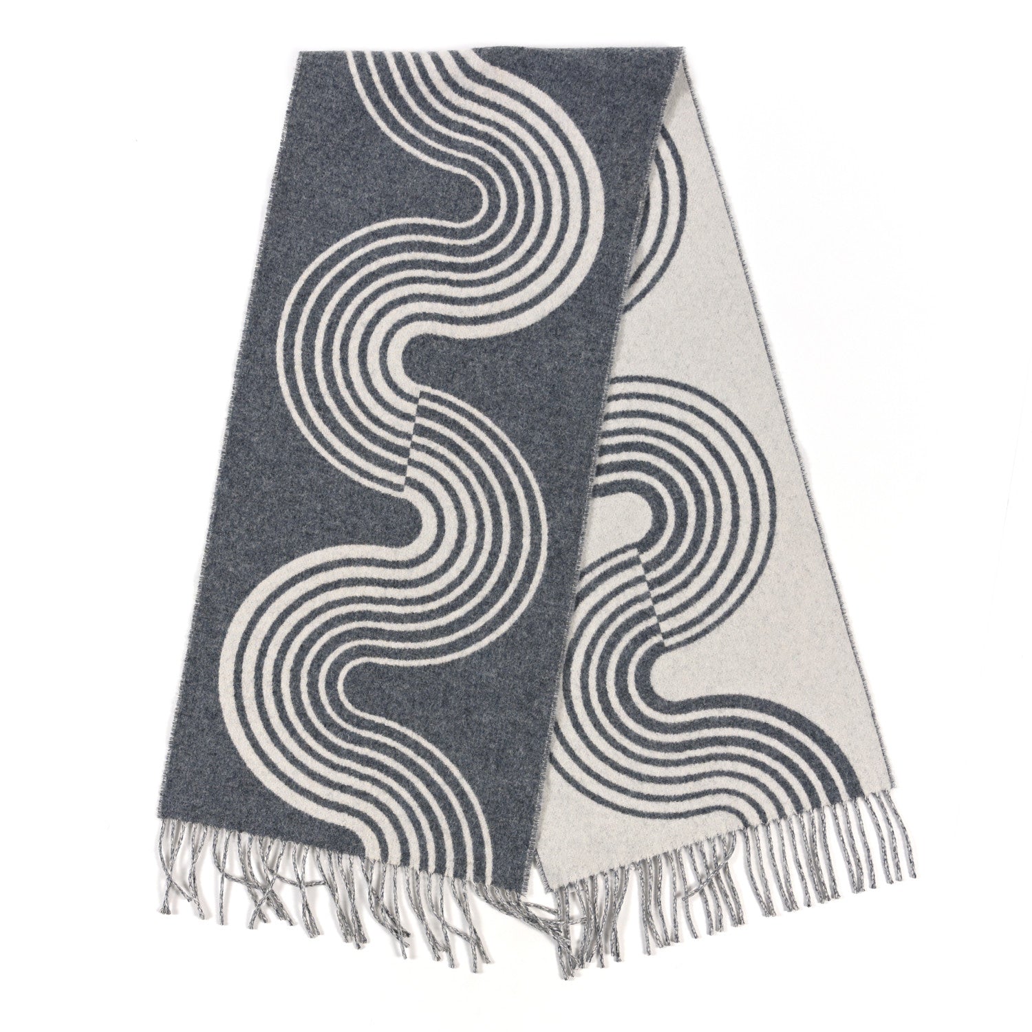 Hermes Cashmere Casaque Vague Muffler Gris Flanelle Ivoire 2 of 3