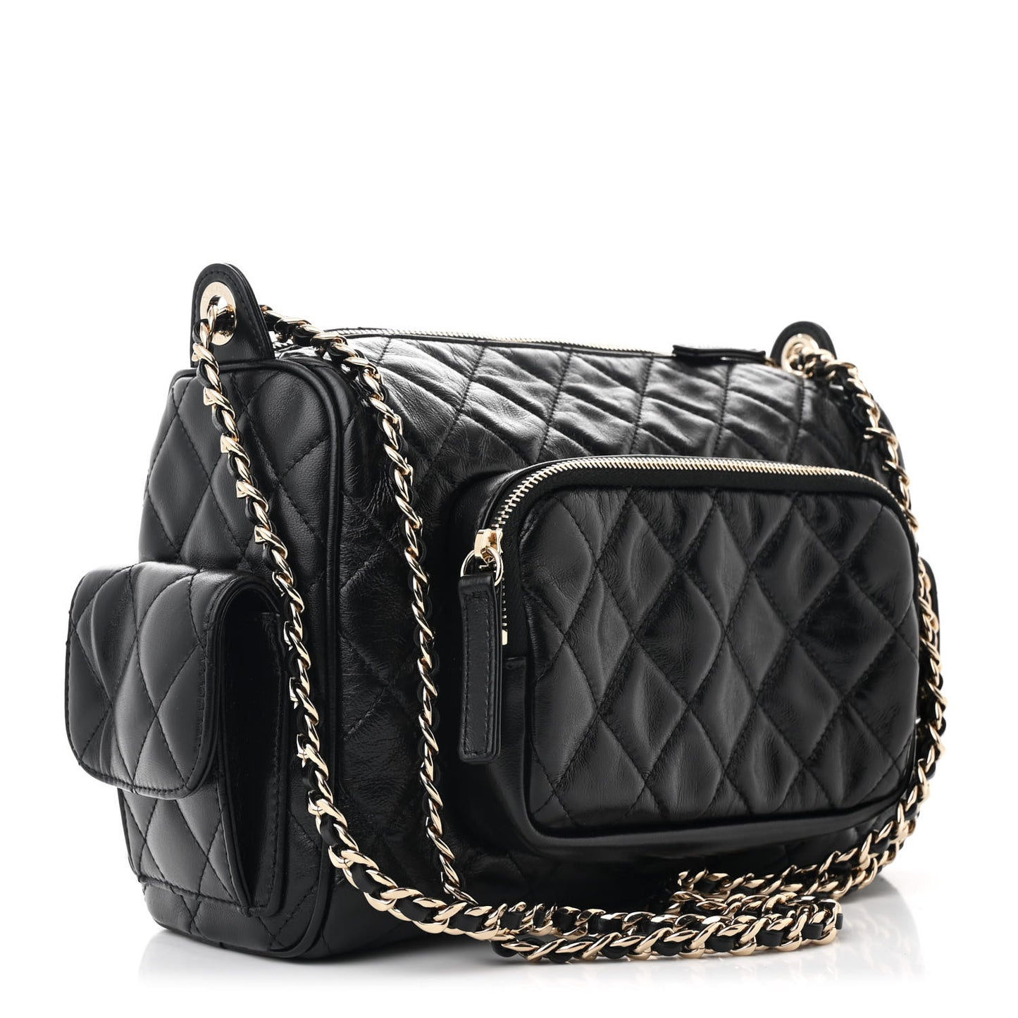 Shiny Crumpled Lambskin Quilted Medium Preppy Pocket Camera Case Black