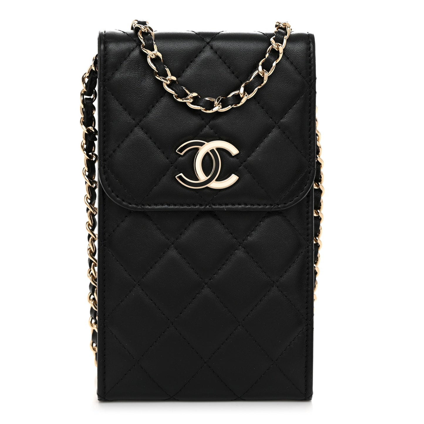 Lambskin Enamel Quilted Phone Holder With Chain Black