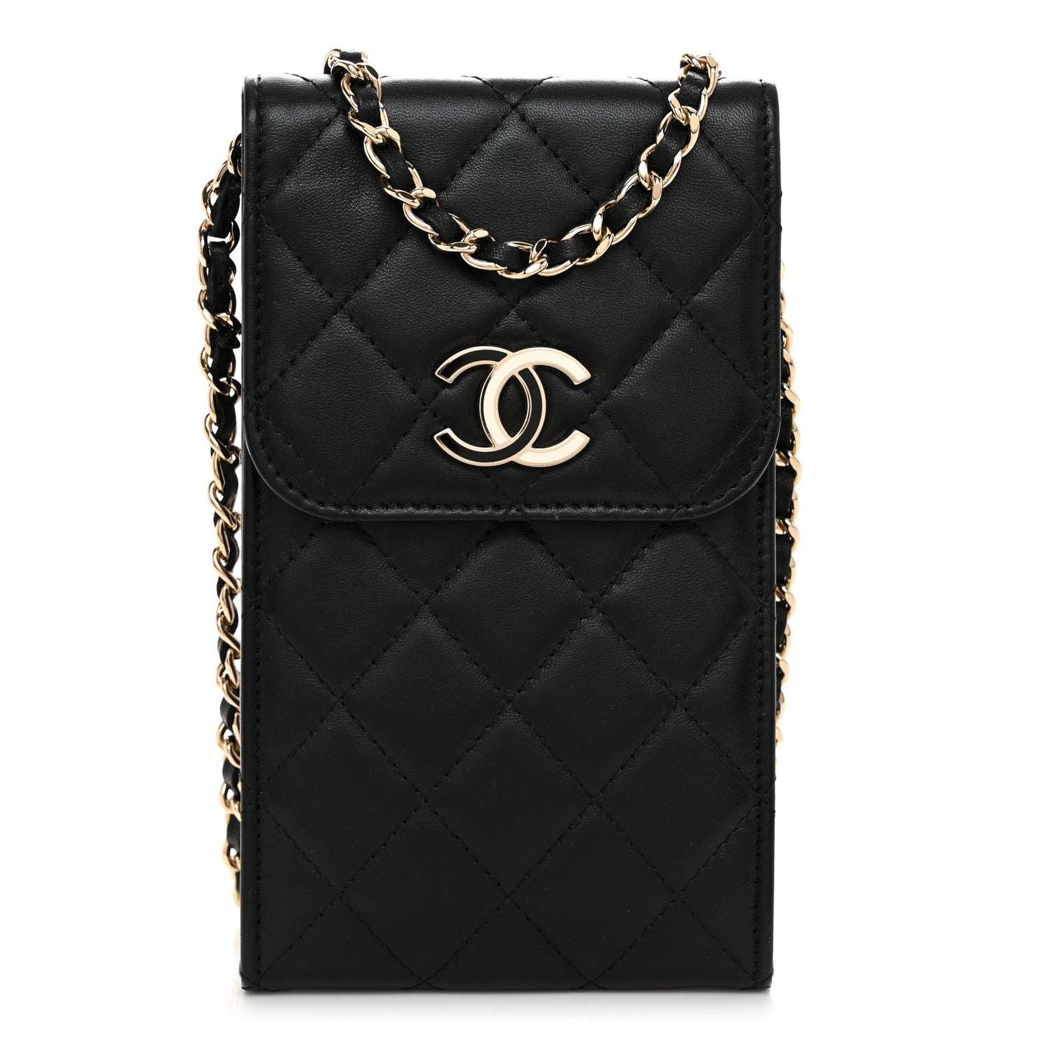 Chanel Lambskin Enamel Quilted Phone Holder With Chain Black 1 of 10