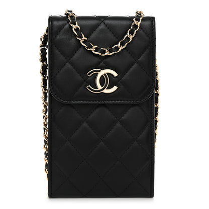Chanel Lambskin Enamel Quilted Phone Holder With Chain Black 1 of 10