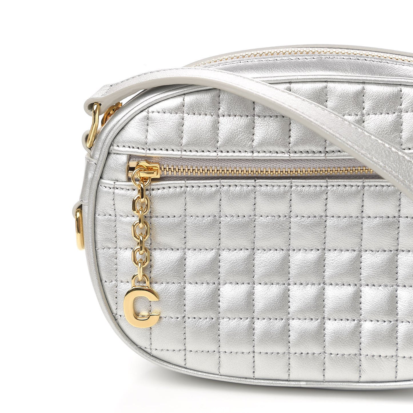 Laminated Calfskin Quilted Small C Charm Bag Silver