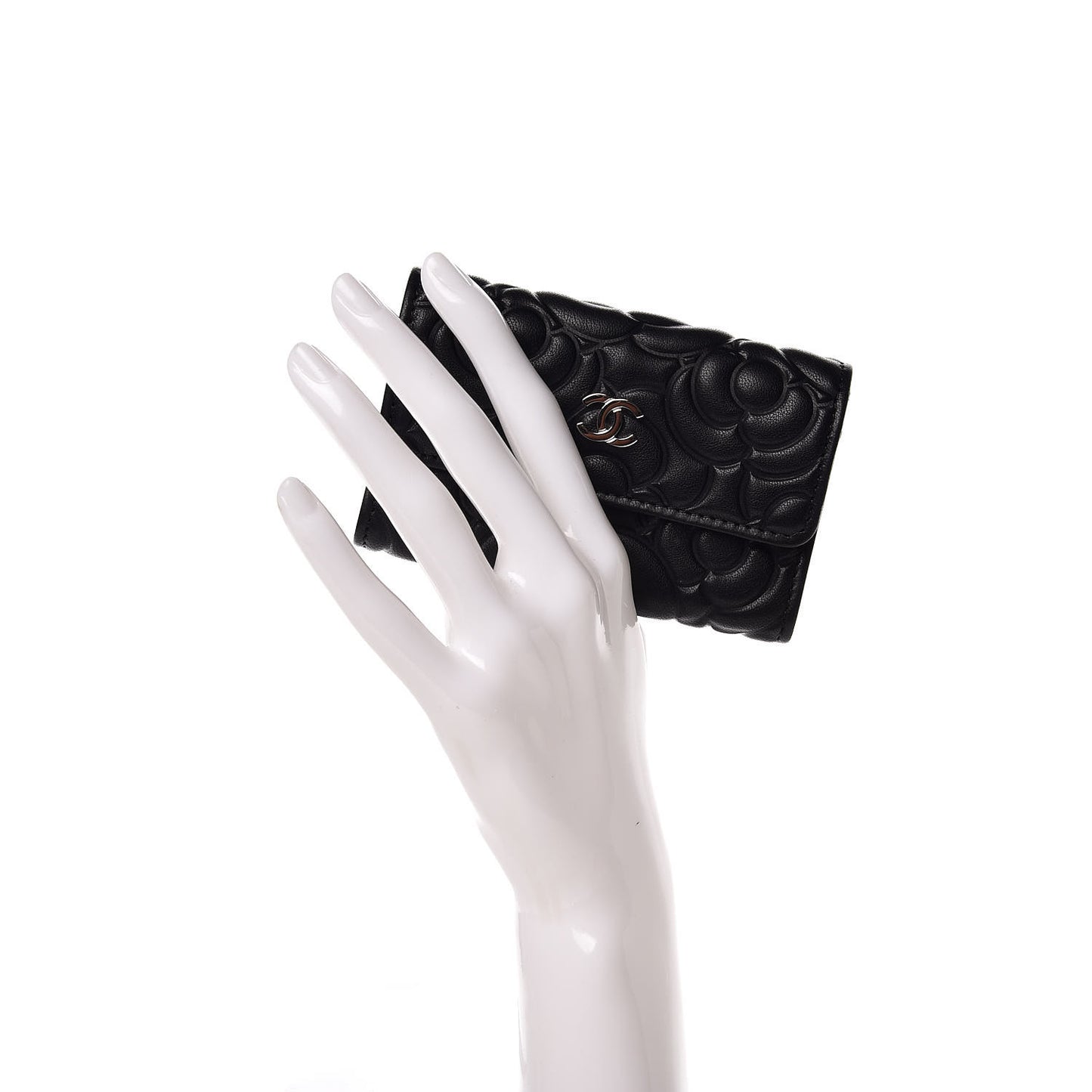 Lambskin Camellia Embossed Card Holder Wallet Black
