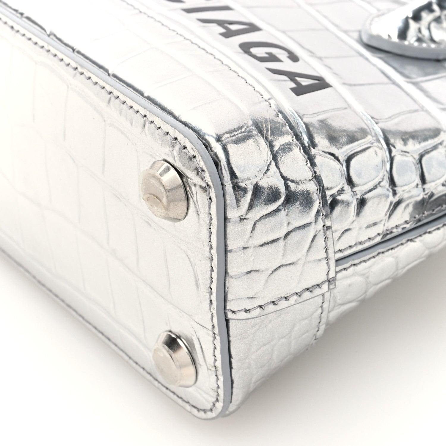Balenciaga Metallic Calfskin Logo Crocodile Embossed XXS Ville Top Handle Bag Silver Black 9 of 9