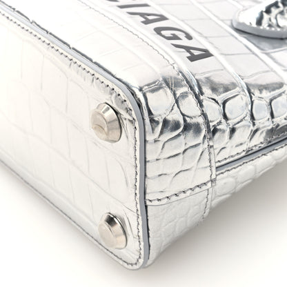 Balenciaga Metallic Calfskin Logo Crocodile Embossed XXS Ville Top Handle Bag Silver Black 9 of 9