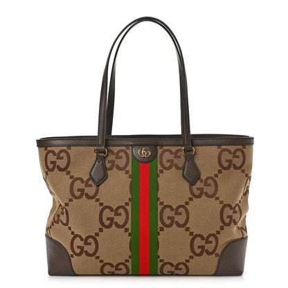 Gucci Monogram Jumbo GG Textured Dollar Calfskin Web Medium Ophidia Shopping Tote Camel Ebony 1 of 8