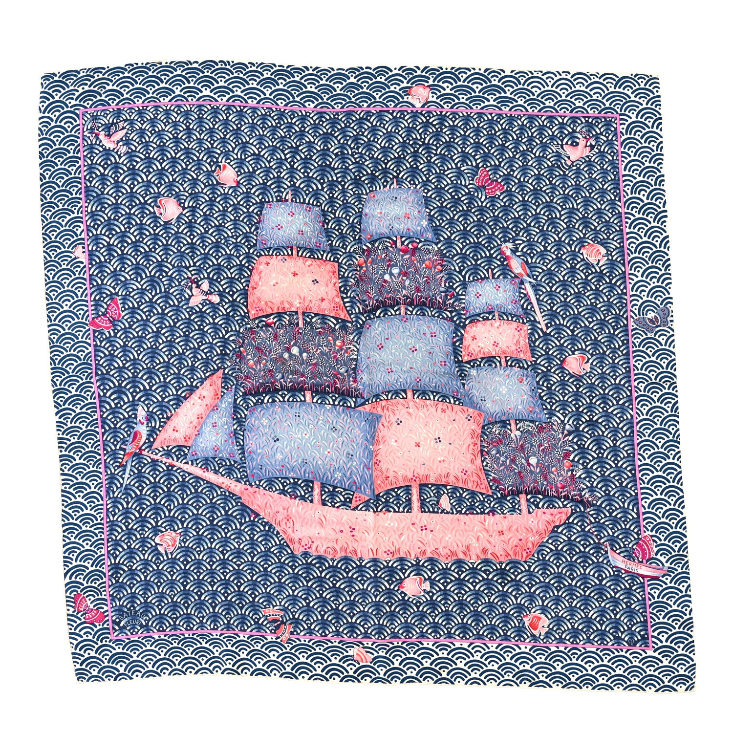 Hermes Silk Bateau Fleuri Scarf 90 Bleu Rose White 1 of 3