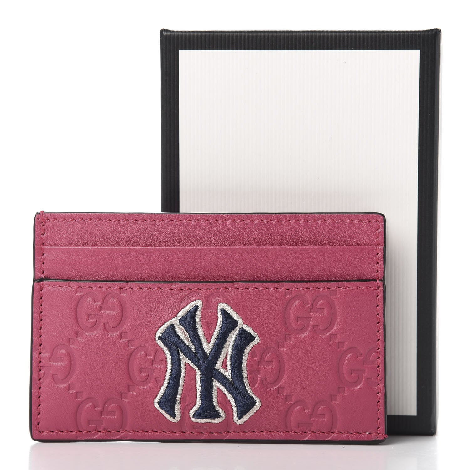 Gucci X MLB Guccissima Signature NY Yankees Embroidered Card Holder Box Pink Blue Ivory 8 of 8