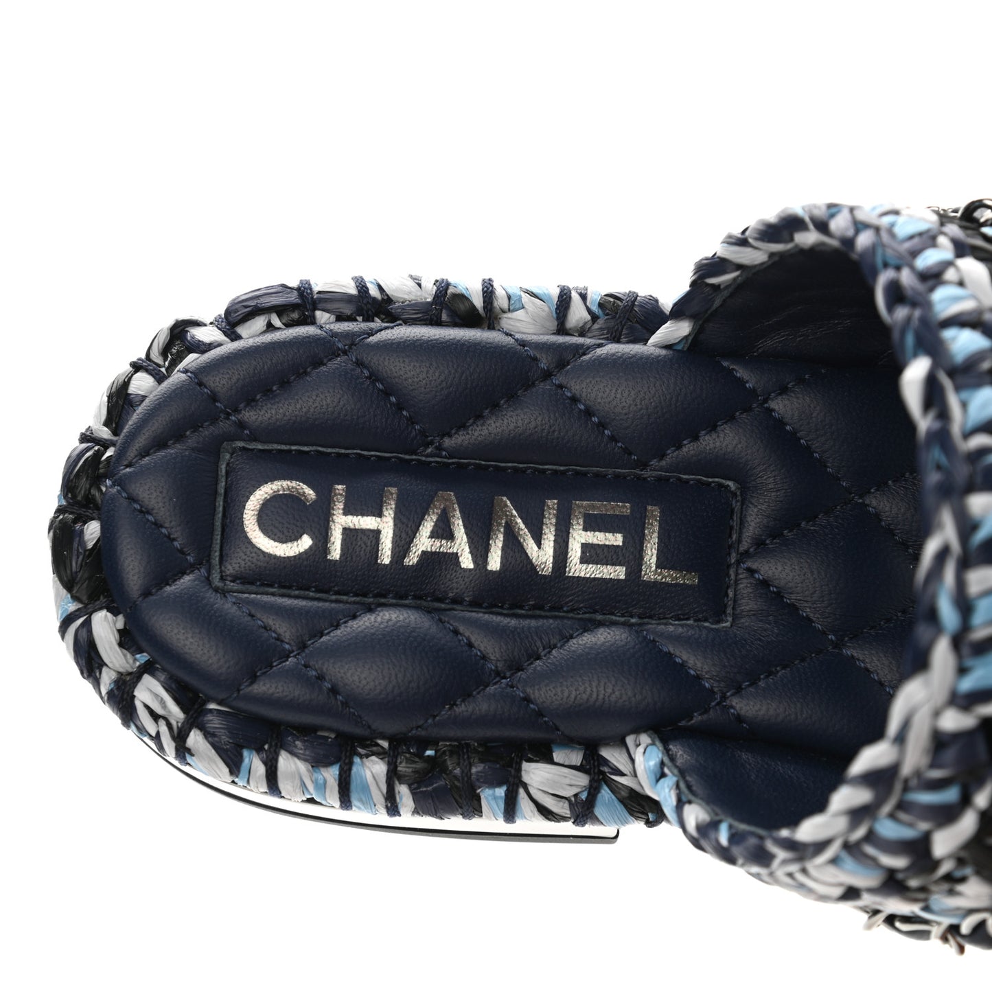 Lambskin Raffia Chain Flat Sandals 36 Blue Black