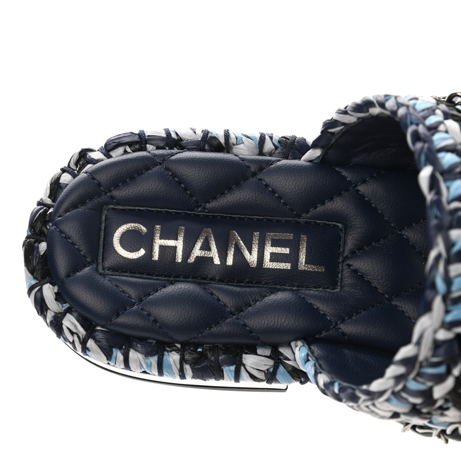 Chanel Lambskin Raffia Chain Flat Sandals 36 Blue Black 7 of 9