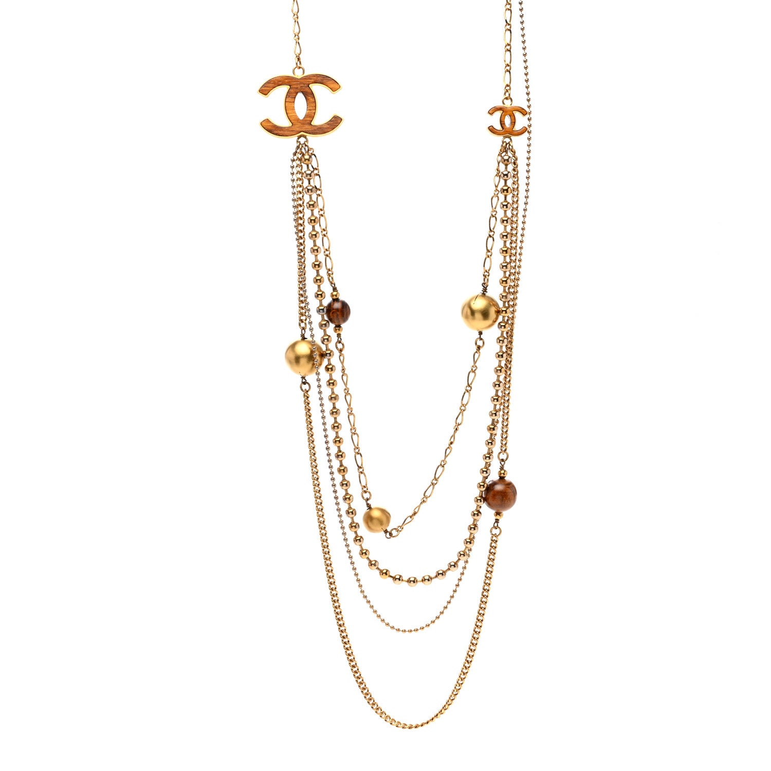 Chanel Metal Bead Wood CC Multi Strand Long Necklace Gold 1 of 6
