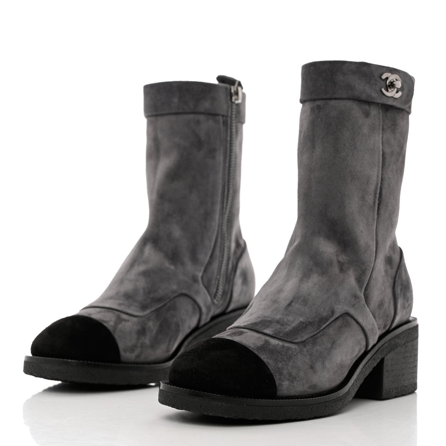 Suede Calfskin Cap Toe Short Boots 35 Dark Grey Black