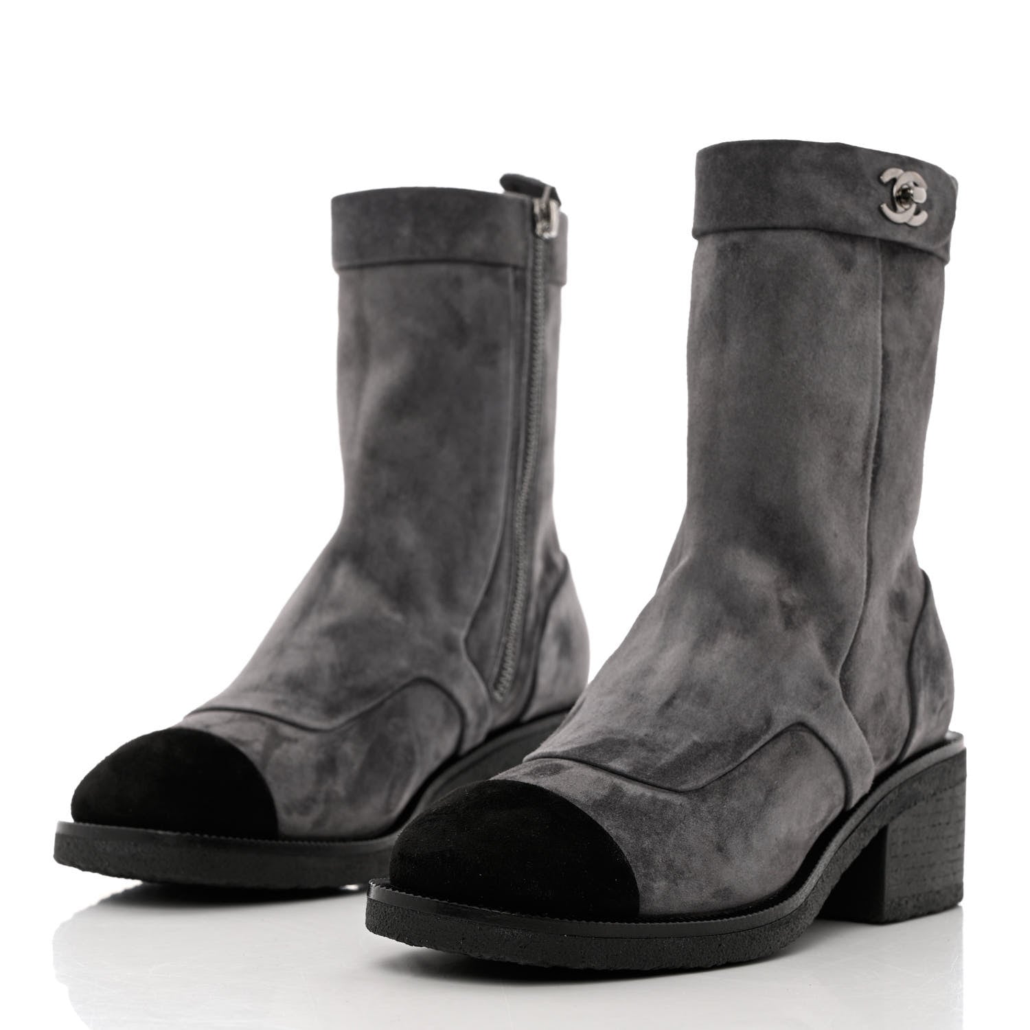 Chanel Suede Calfskin Cap Toe Short Boots 35 Dark Grey Black 3 of 10
