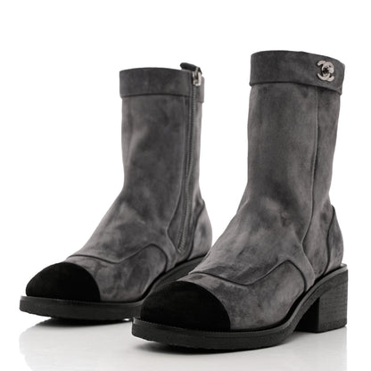Chanel Suede Calfskin Cap Toe Short Boots 35 Dark Grey Black 3 of 10