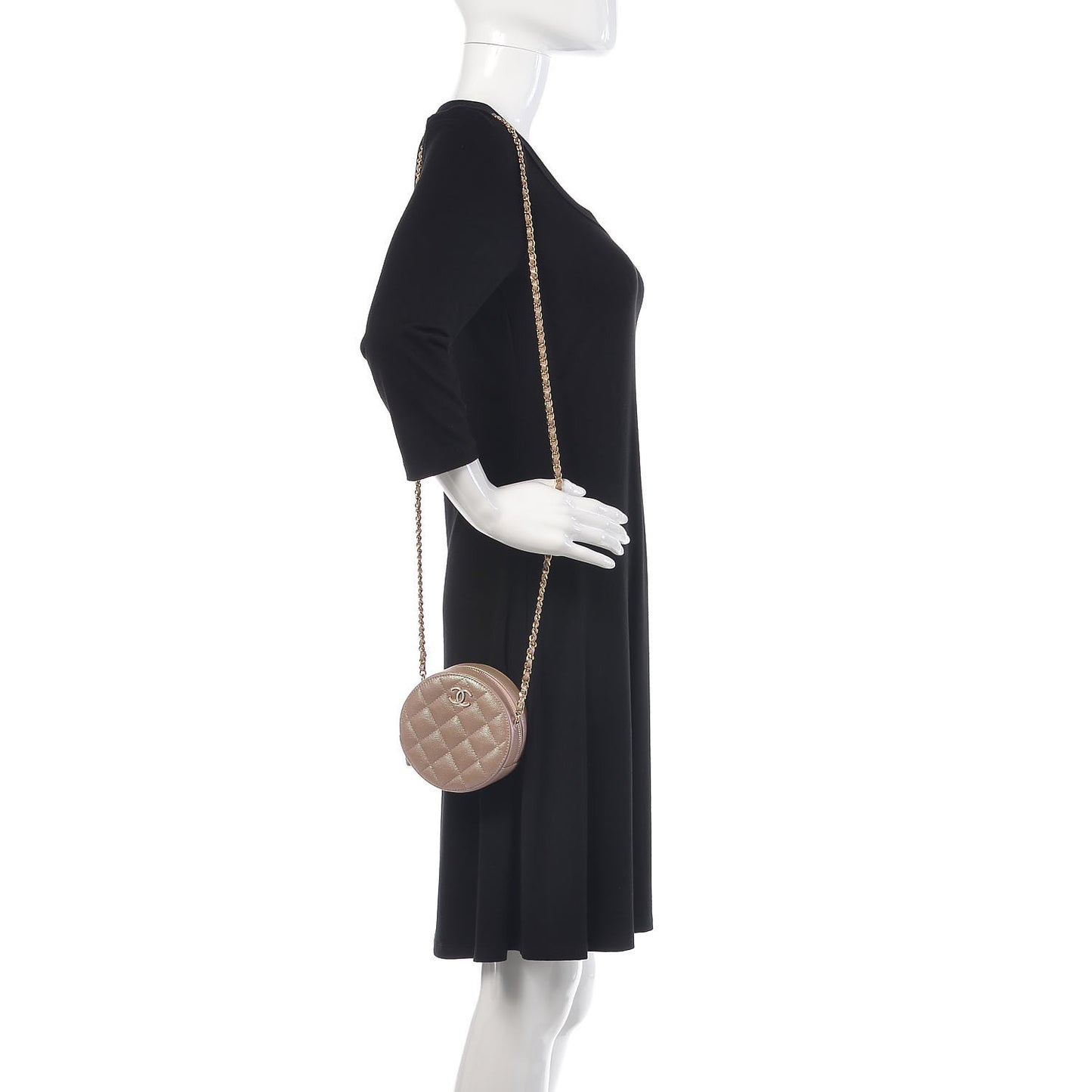 Iridescent Caviar Quilted Round Clutch With Chain Beige