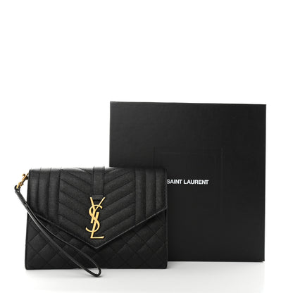 Saint Laurent Grain De Poudre Textured Mixed Matelasse Triquilt Monogram Clutch Black 8 of 8