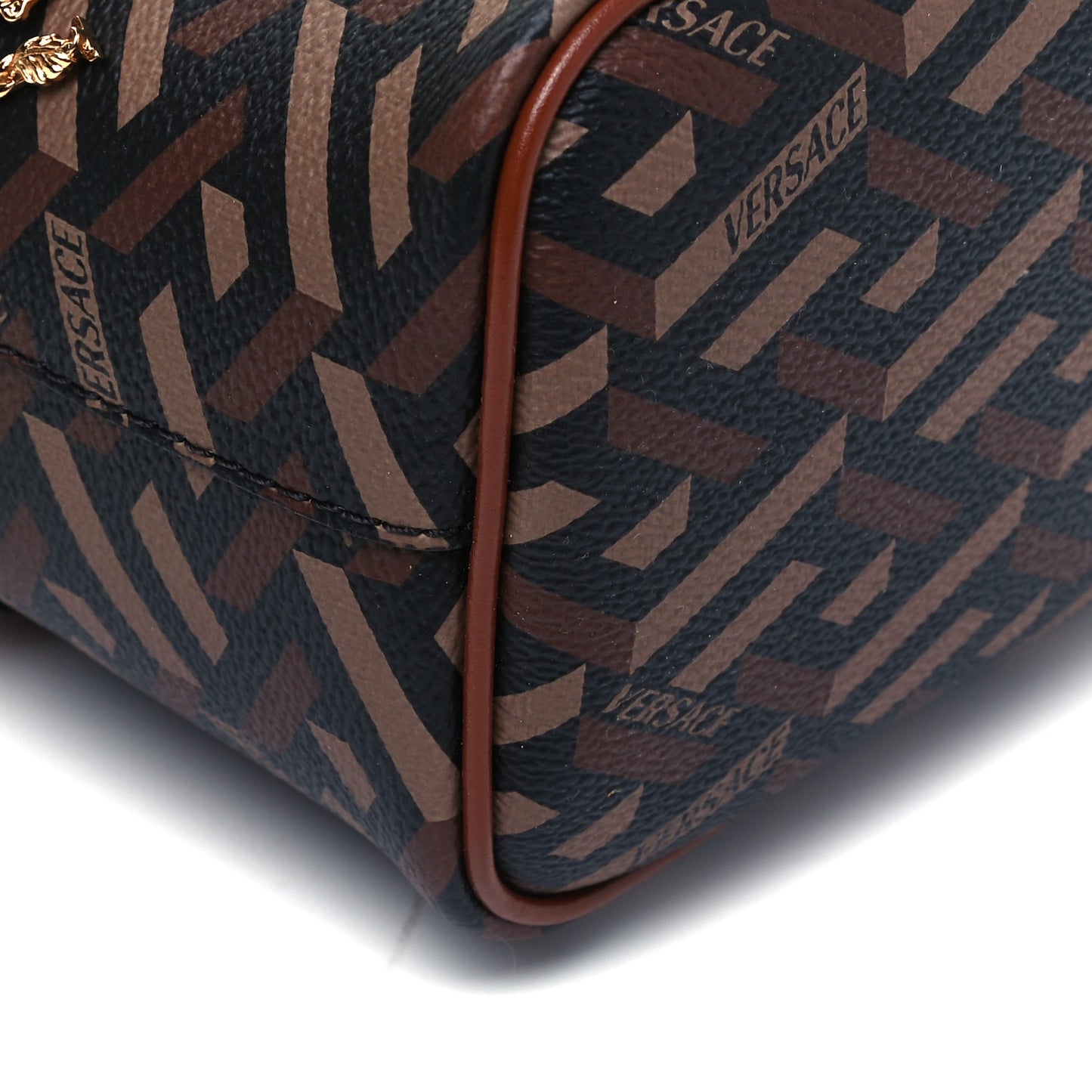 Coated Canvas La Greca Mini Bucket Bag Black Caramel