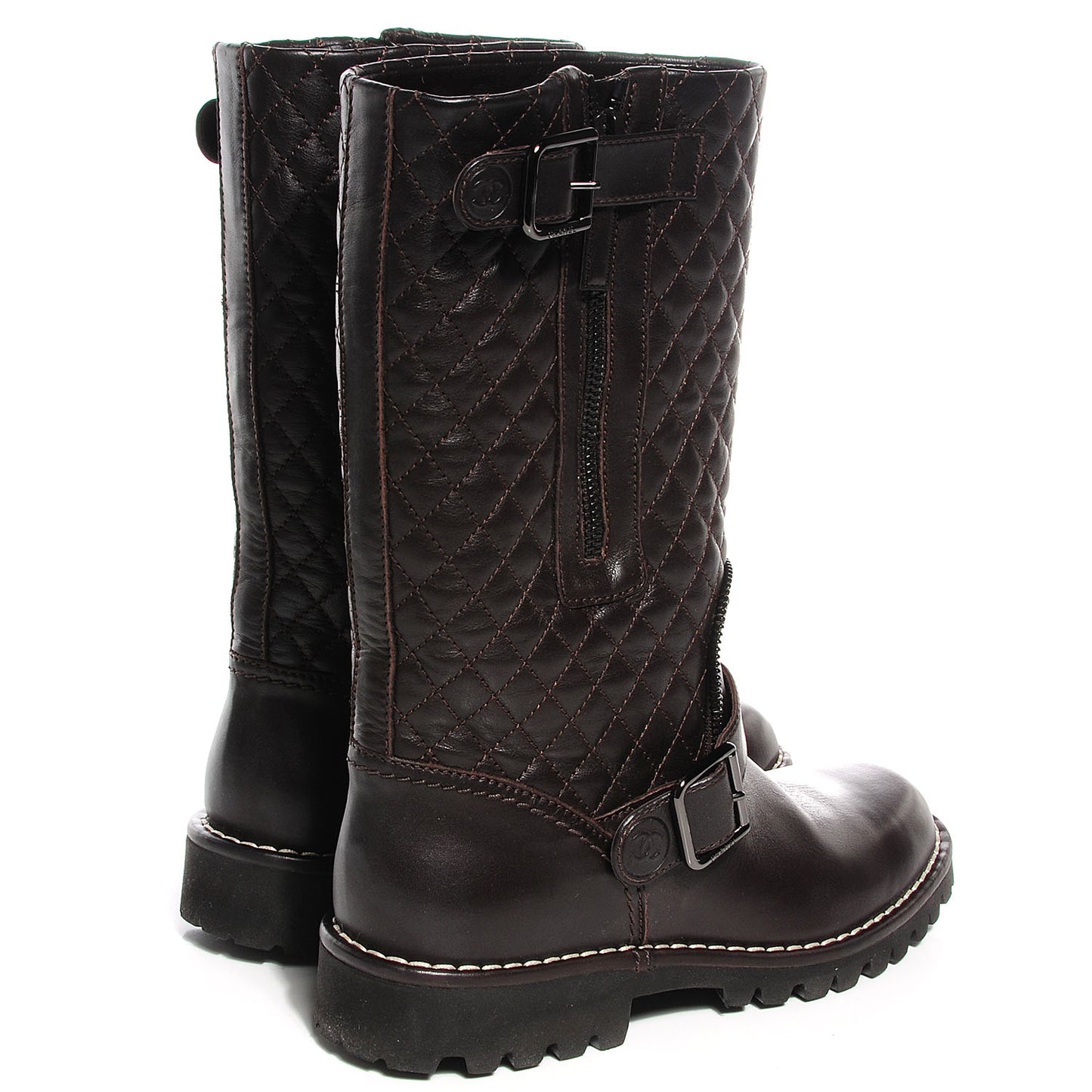 Calfskin Quilted Biker Boots 36 Marron Fonce
