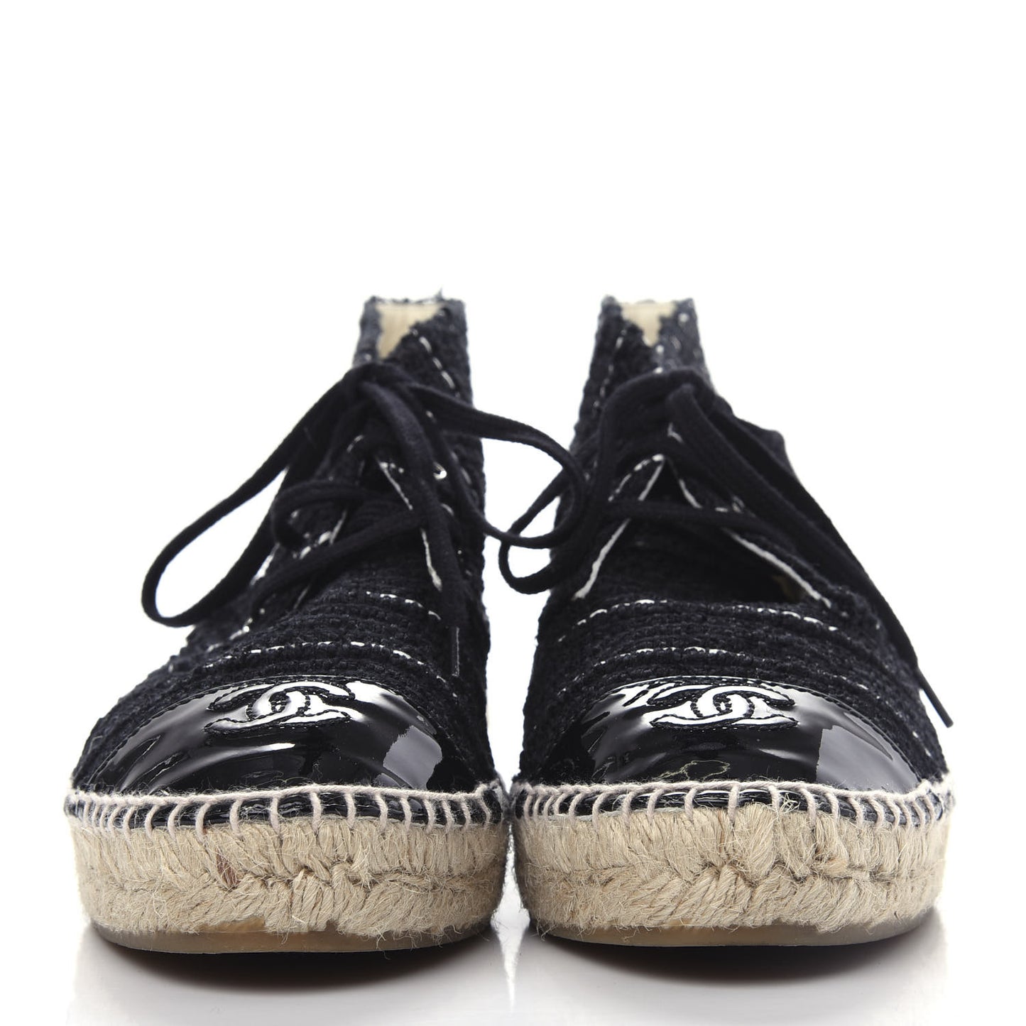 Tweed Calfskin Patent CC Lace Up Espadrilles 39 Black