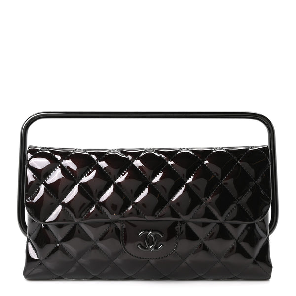 Chanel Patent Calfskin Quilted Metal Handle Clutch So Black