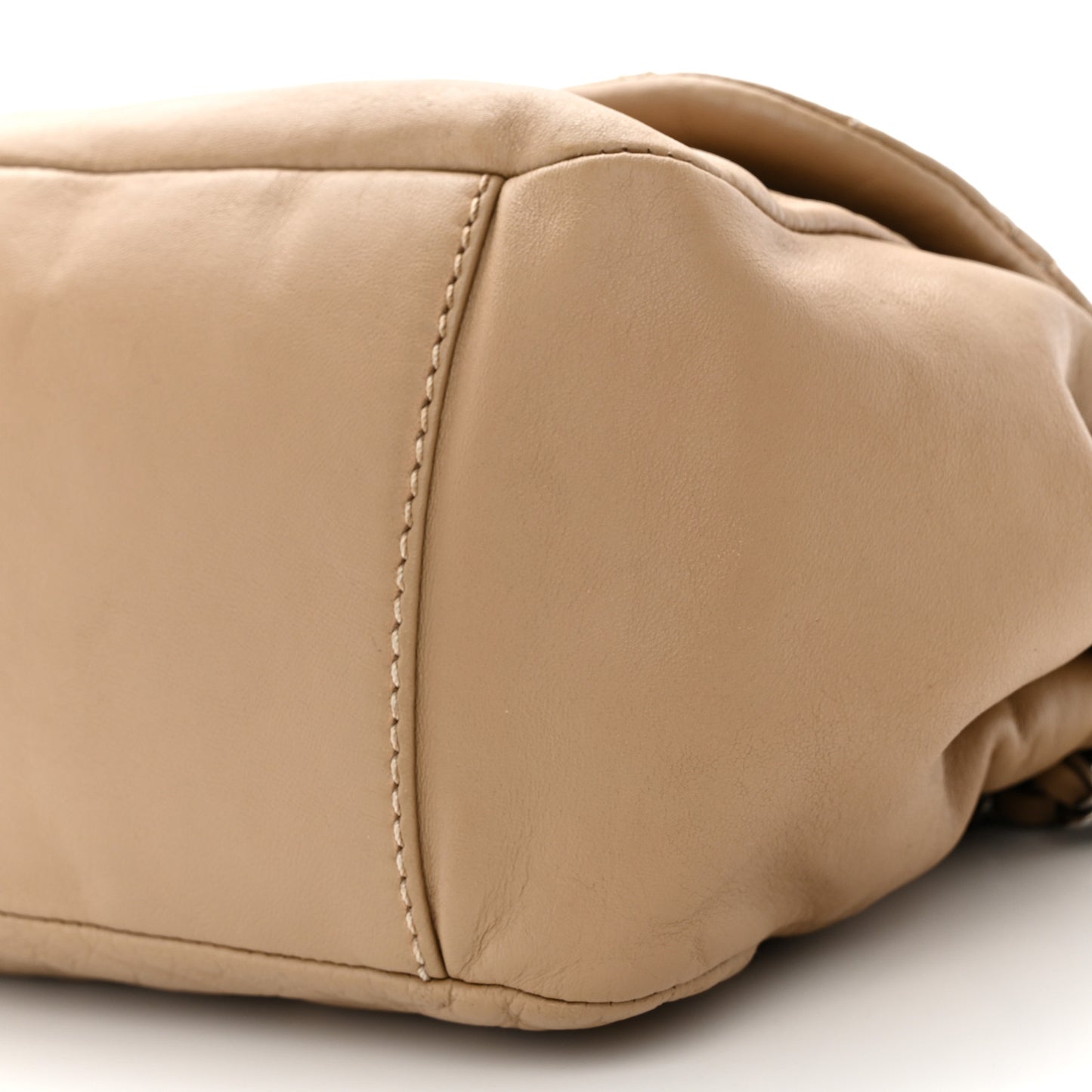 Lambskin Contrast Stitch Surpique Accordion Flap Beige