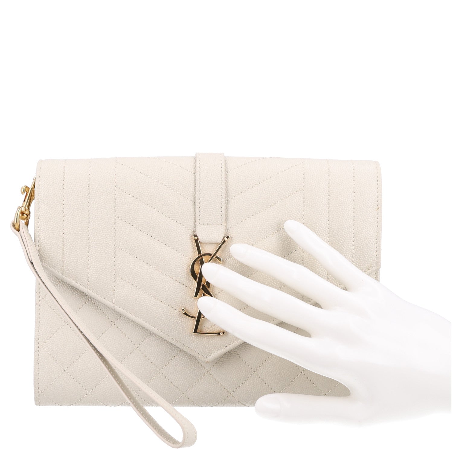 Saint Laurent Grain De Poudre Textured Mixed Matelasse Triquilt Monogram Clutch Crema Soft 2 of 10