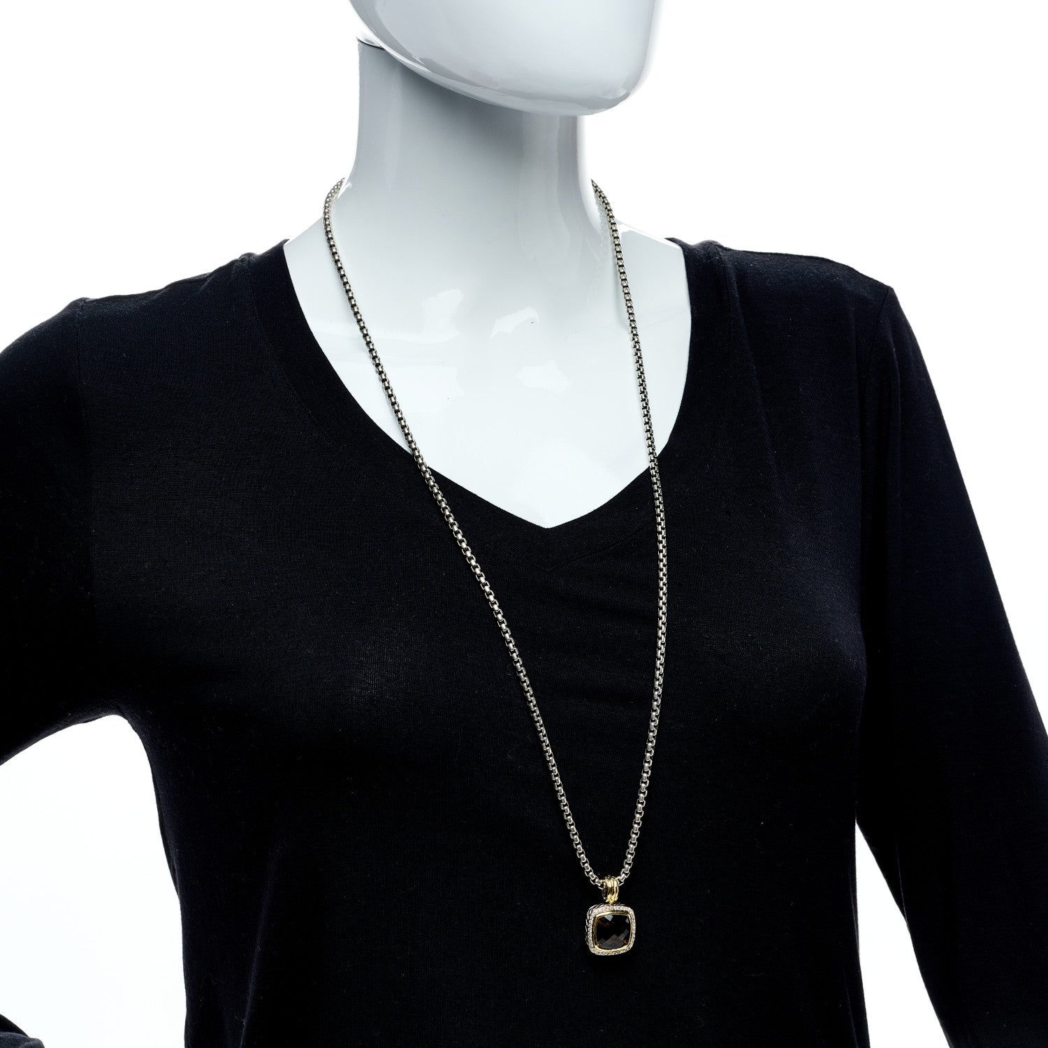 David Yurman Sterling Silver 18K Yellow Gold Diamond Smoky Quartz 14mm Albion Pendant Necklace 2 of 5