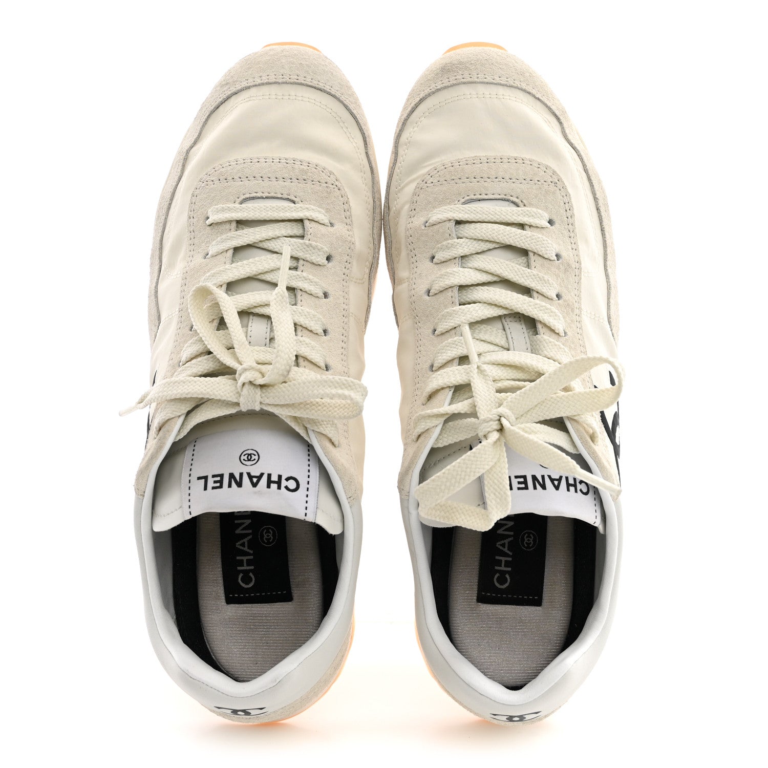 Chanel Fabric Embossed Suede Calfskin Womens CC Sneakers 37.5 White Black 2 of 11