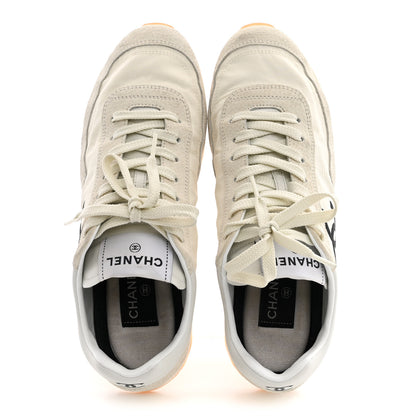 Chanel Fabric Embossed Suede Calfskin Womens CC Sneakers 37.5 White Black 2 of 11