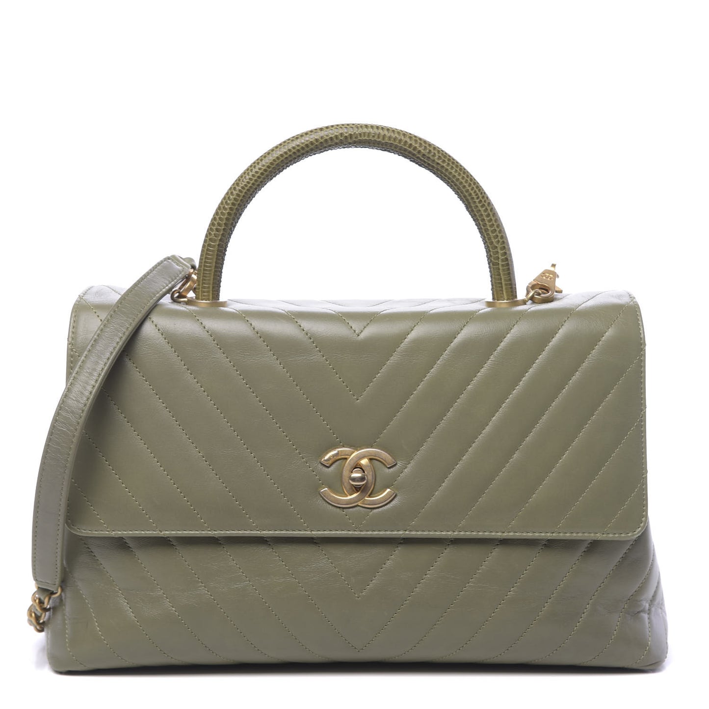 Calfskin Lizard Chevron Quilted Medium Coco Handle Flap Green