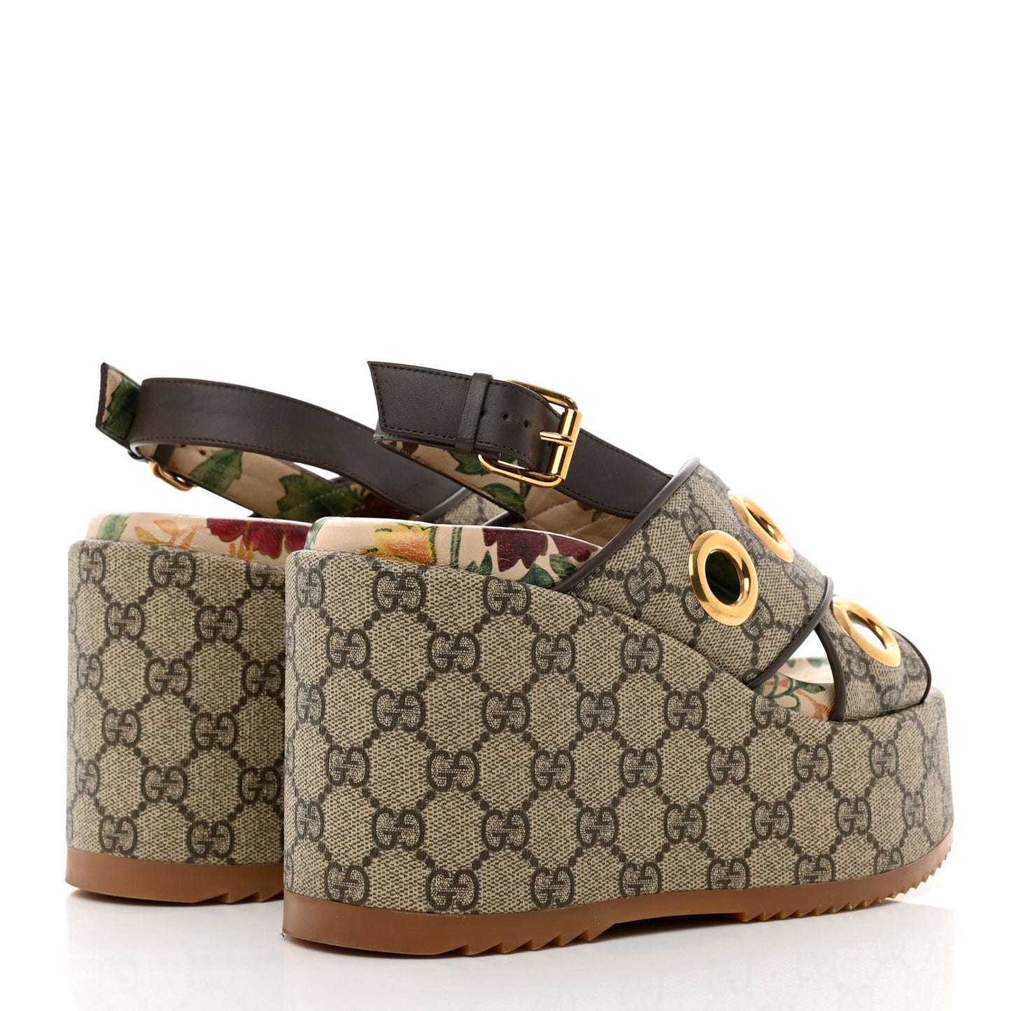 GG Supreme Monogram Eyelet Angelina Platform Wedge Sandals 36 Beige Ebony