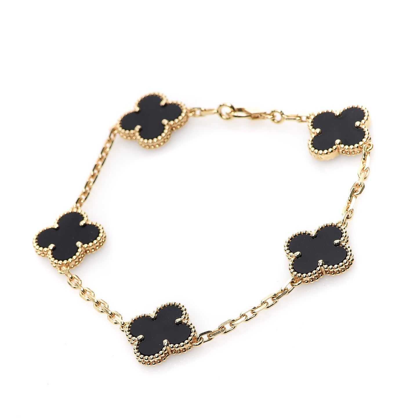 18K Yellow Gold Black Onyx 5 Motifs Vintage Alhambra Bracelet