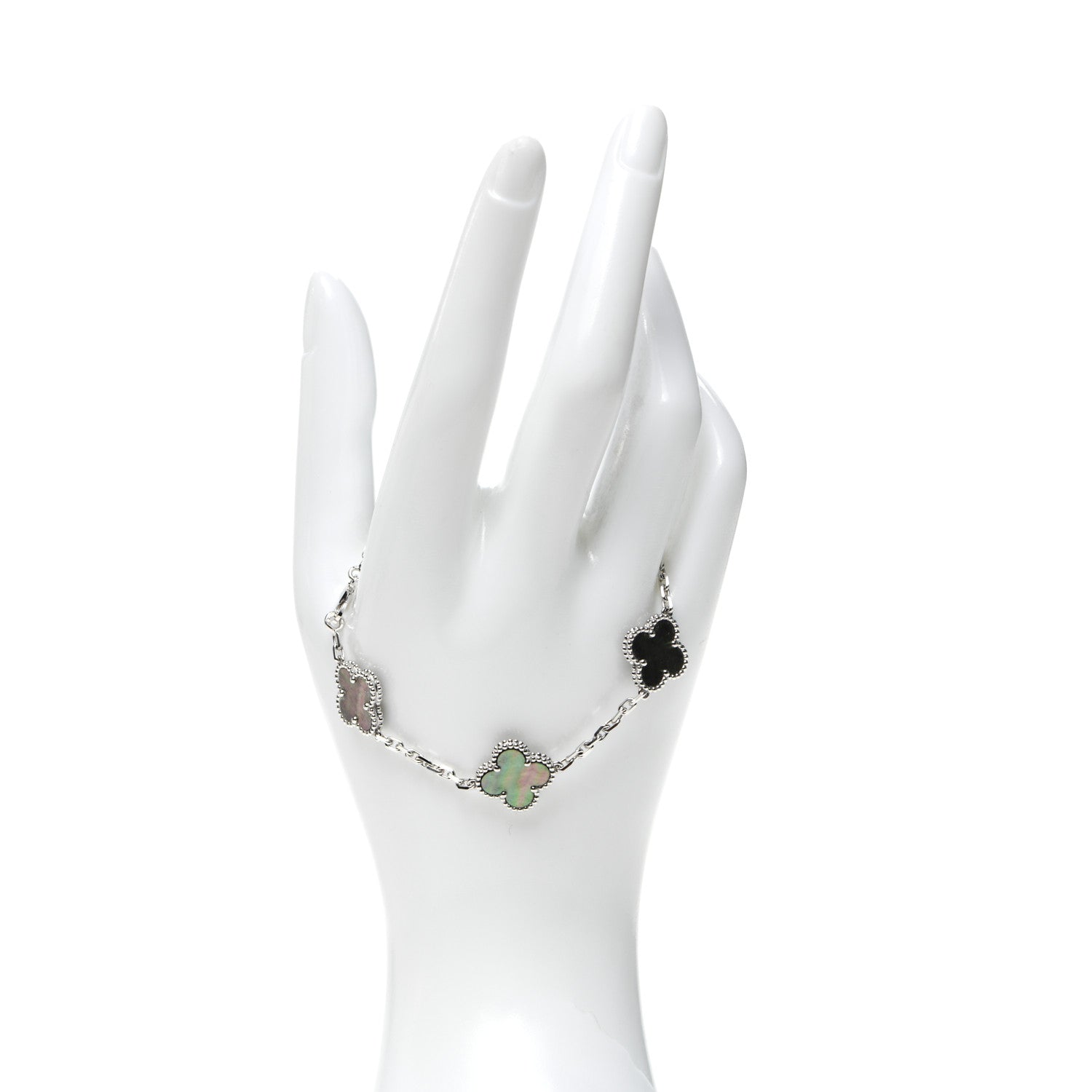 Van Cleef & Arpels 18K White Gold Grey Mother of Pearl 5 Motifs Vintage Alhambra Bracelet 2 of 8