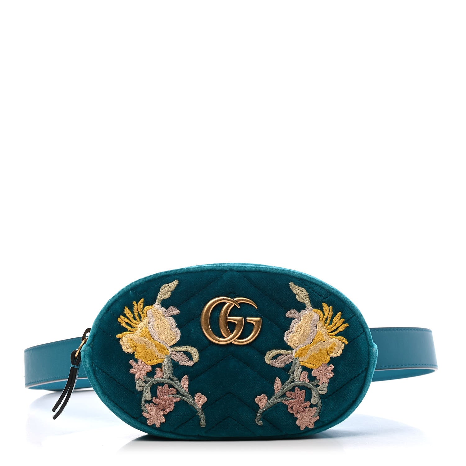 Gucci Velvet Matelasse Embroidered GG Marmont Belt Bag 95 38 Pavone Cyan 1 of 9