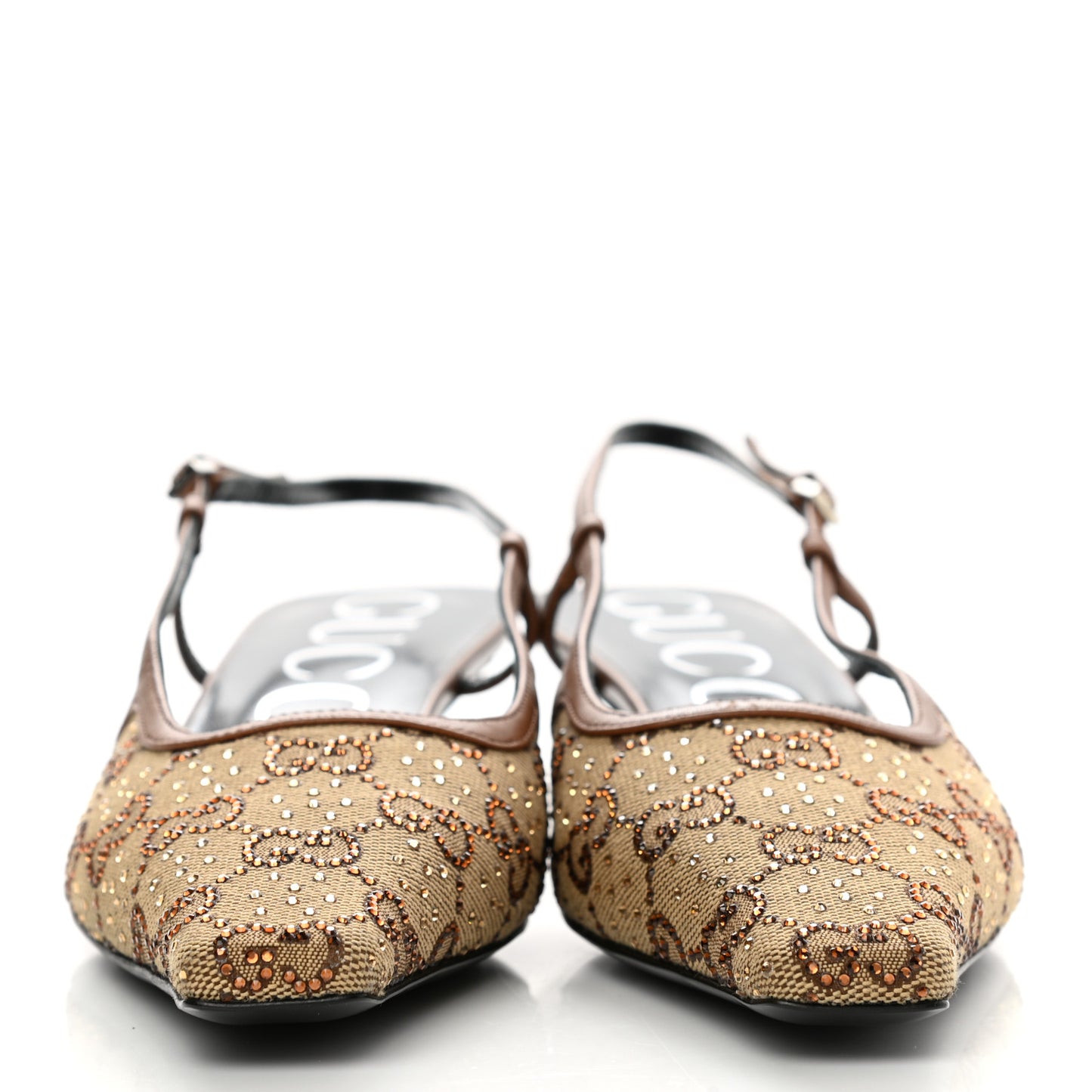GG Monogram Malaga Kid Crystal Square G 35mm Slingback Pumps 38 Camel Ebony Cuir