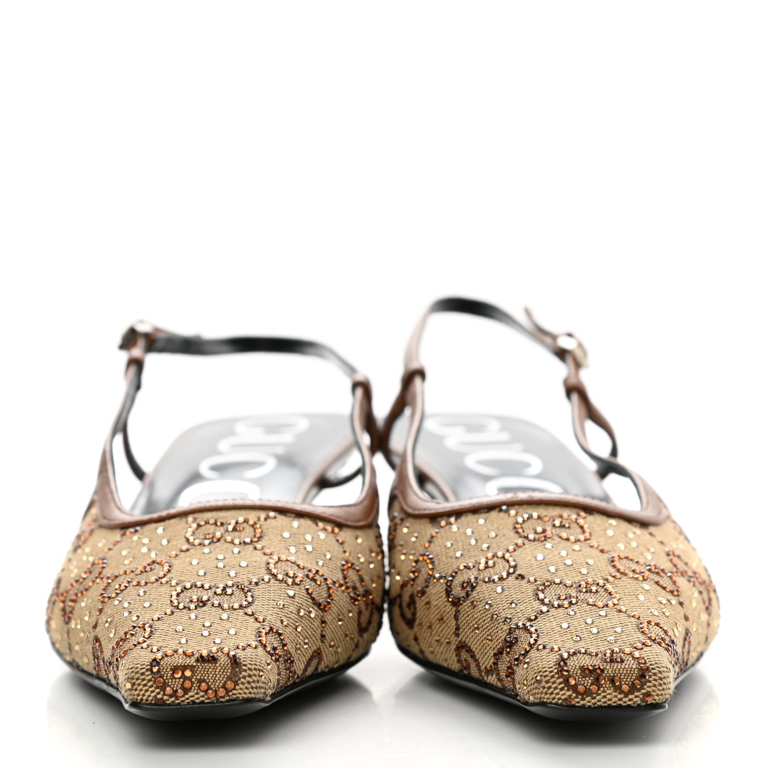 Gucci GG Monogram Malaga Kid Crystal Square G 35mm Slingback Pumps 38 Camel Ebony Cuir 2 of 7