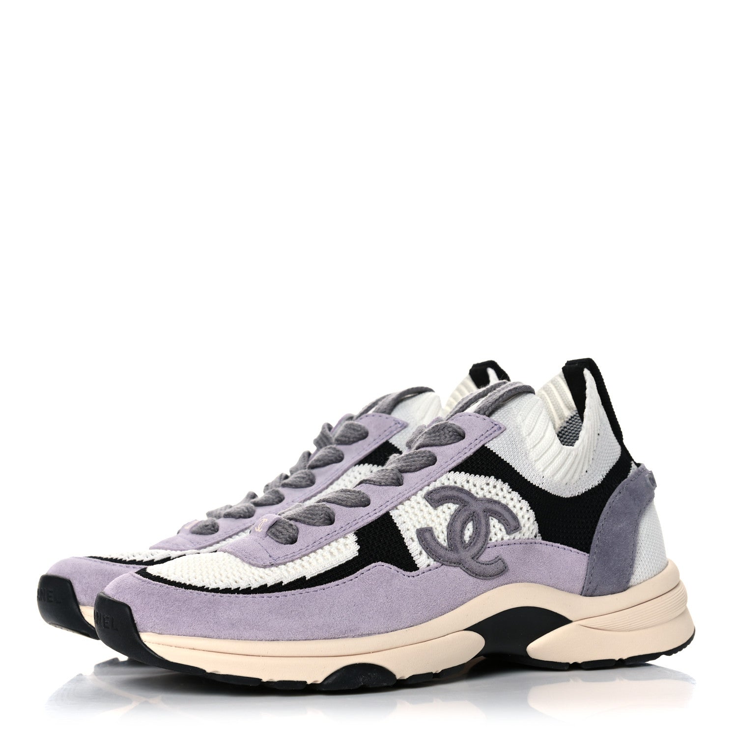 Chanel Mesh Suede Fabric Womens CC Sneakers 36 White Black Purple Dark Purple 3 of 8