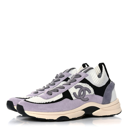 Chanel Mesh Suede Fabric Womens CC Sneakers 36 White Black Purple Dark Purple 3 of 8