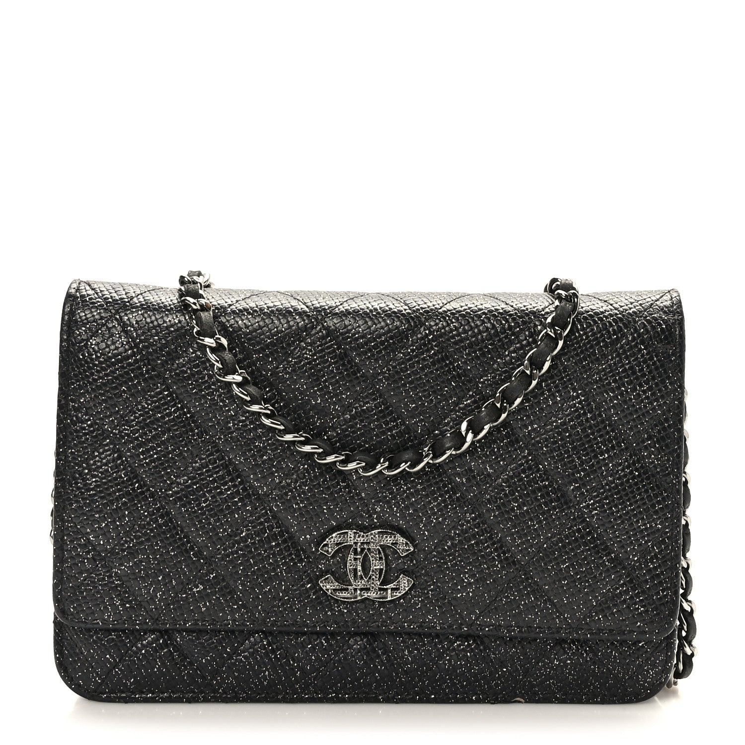Chanel Glitter Calfskin Quilted Wallet on Chain WOC Black 1 of 11
