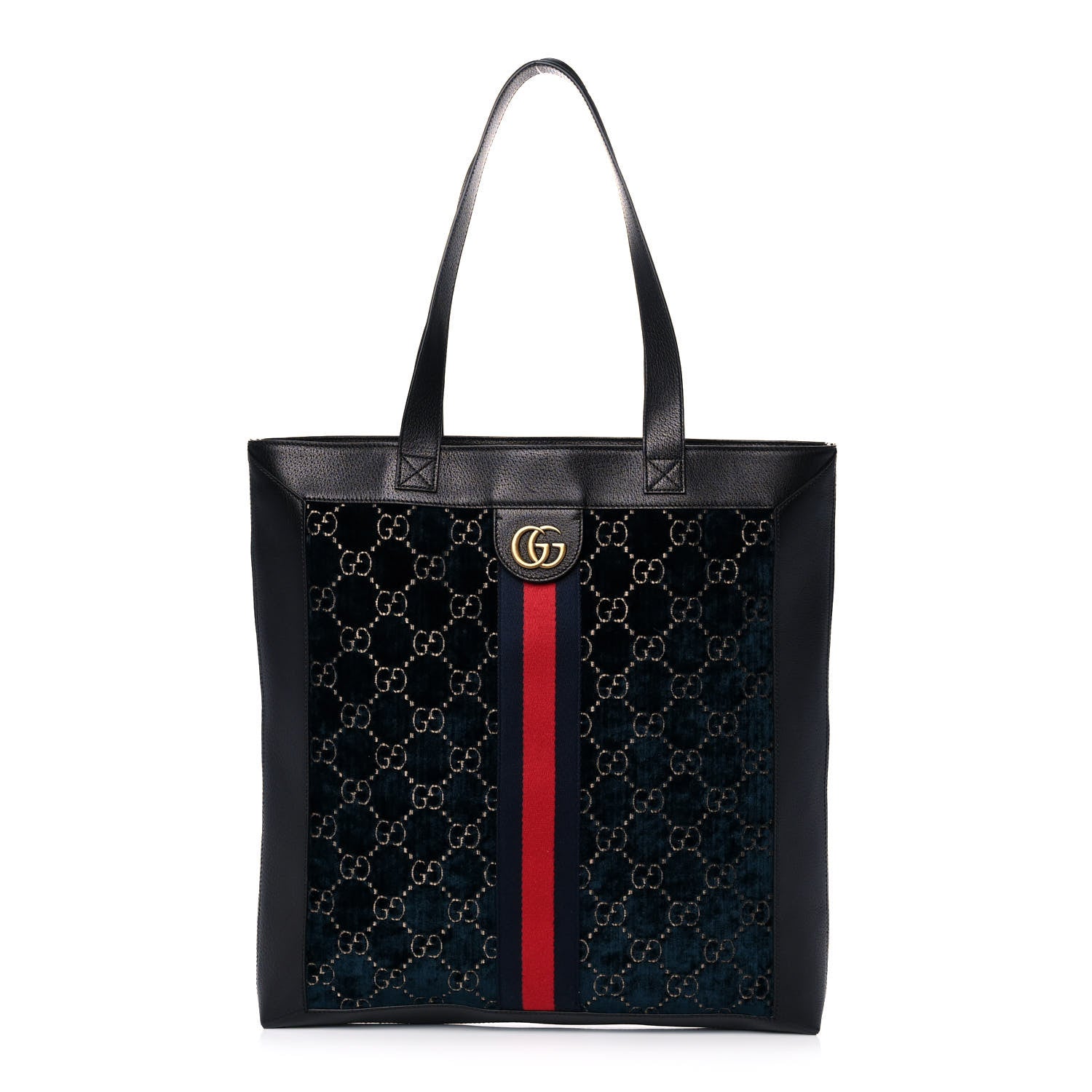 Gucci Velvet GG Monogram Textured Calfskin Web Large Ophidia Vertical Shopping Tote Blue Beige Black 1 of 11